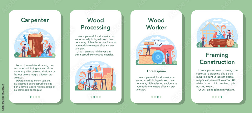 Carpenter mobile application banner set. Woodworker processing wood-block
