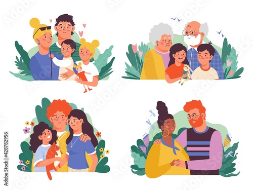 A set portraits of happy families hug and love each other a vector illustrations