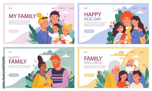 Happy families hug and love each other a set of vector landing pages templates