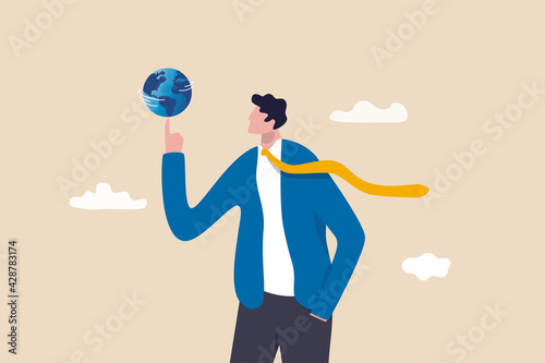 Global business or world economy, power to control the world, leadership to success in global network concept, smart businessman manager spinning globe or planet earth on his strong finger.