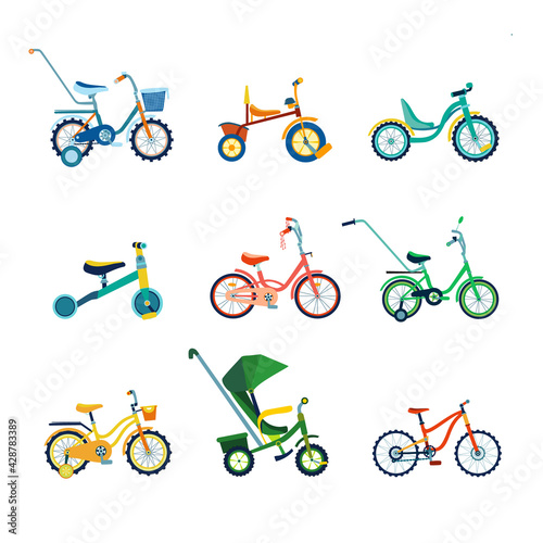 Set of kids bicycles and tricycles and transport for children: baby carriage, balance-bike in flat style. Collection of colorful bikes with different frame types. Vector illustration.