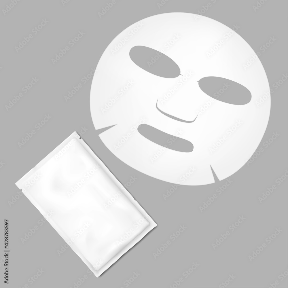 White facial sheet mask and blank sachet packet package, mockup