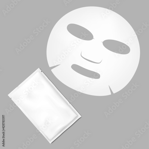 White facial sheet mask and blank sachet packet package, mockup. Disposable cosmetic face skincare mask individual pack, vector mock-up. Template for design