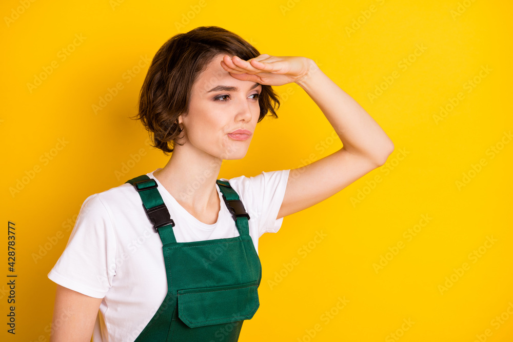 Profile photo of unsure nice brown hair lady look wear uniform isolated on yellow background Profile photo of unsure nice brown hair lady look wear uniform isolated on yellow background