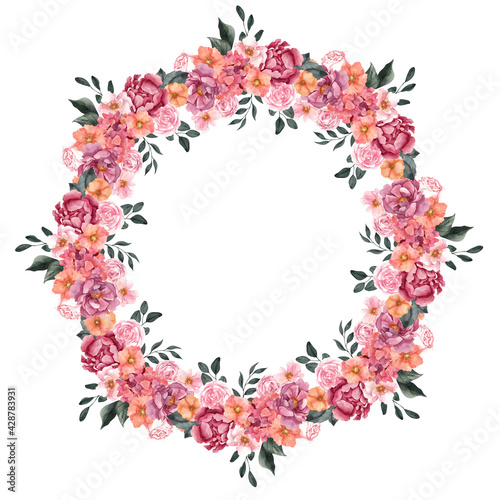 Watercolor wreath with fruit and flowers, isolated on white background
