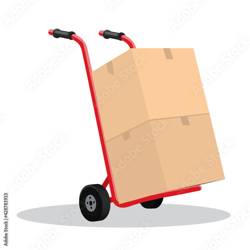 Hand truck and cardboard boxes with purchases or post package. Flat and solid color vector illustration.