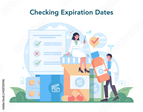 Pharmacy concept. Pharmacist preparing and selling drugs