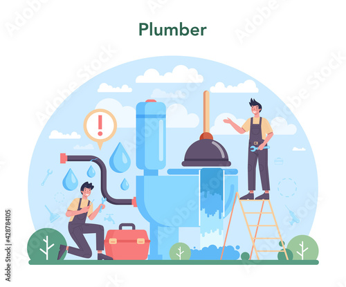 Plumber set. Plumbing service, professional repair and cleaning of bathroom