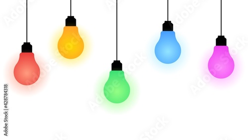 A set of five multi-colored glowing bulbs: red, orange, green, blue and purple. Vector illustration.
