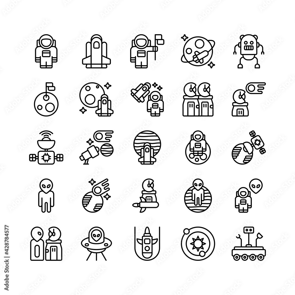 Set of astronaut, cosmonaut, astronomy, outer space outline style icon and illustration Set of astronaut, cosmonaut, astronomy, outer space outline style icon and illustration