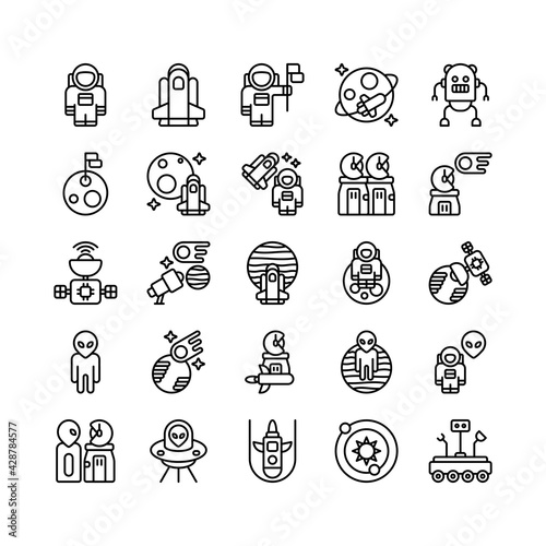 Set of astronaut, cosmonaut, astronomy, outer space outline style icon and illustration
