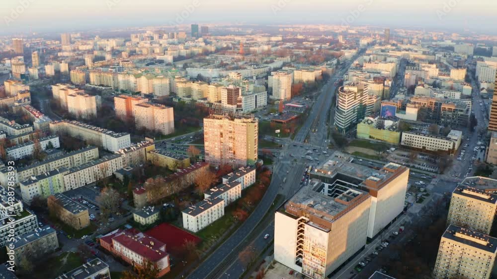 drone flight over Warsaw downtown during sunset drone flight over Warsaw downtown during sunset