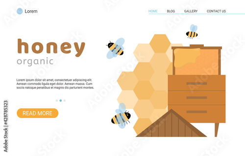 Honey organic website template with honeyhive flat vector illustration. photo