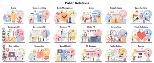 Big public relations. PR technologies collection. Brand advertising strategy,