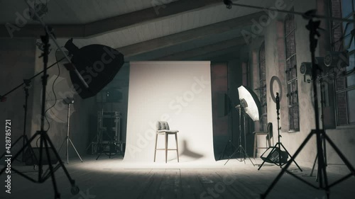 Turn on lights in the photo studio. Studio light turns on. 3d visualization