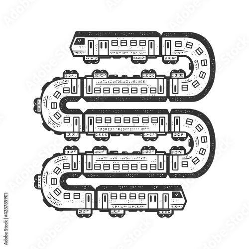 long train like a snake sketch engraving vector illustration. T-shirt apparel print design. Scratch board imitation. Black and white hand drawn image.
