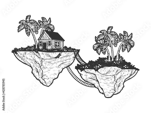 fabulous flying islands sketch engraving vector illustration. T-shirt apparel print design. Scratch board imitation. Black and white hand drawn image.