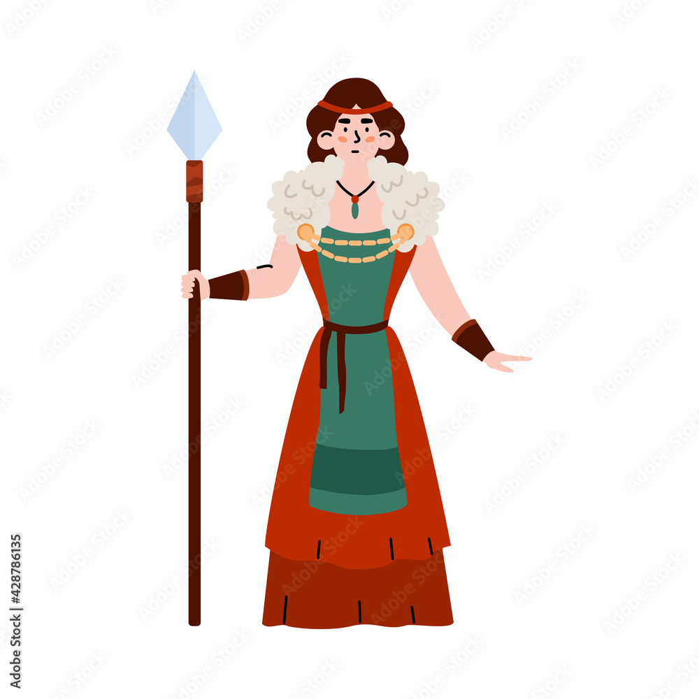 Fototapeta premium Viking woman warrior in costume with spear, flat vector illustration isolated.