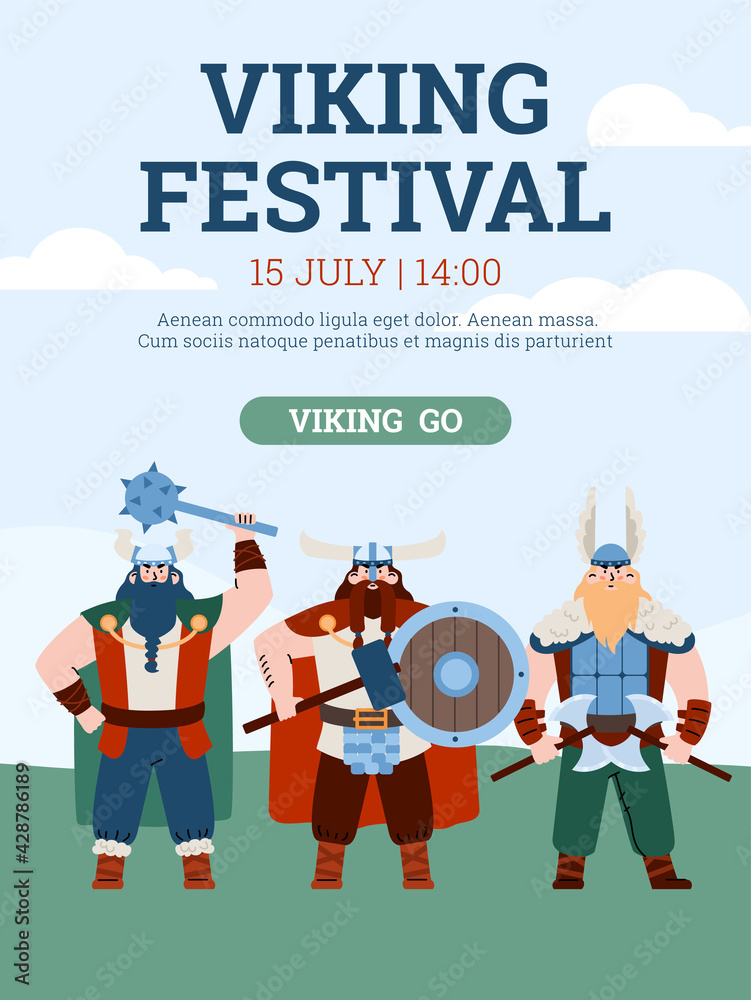 Advertising banner for festival of viking culture, flat vector illustration.