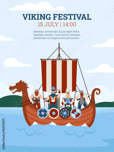 Viking festival poster with warriors in drakkar boat, flat vector illustration.