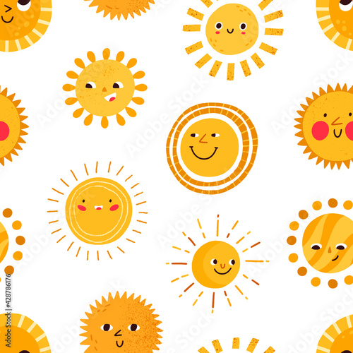 Seamless childish pattern with cute happy smiling sun characters on white background. Design of repeatable sunny texture in doodle style. Colored flat graphic vector illustration for printing