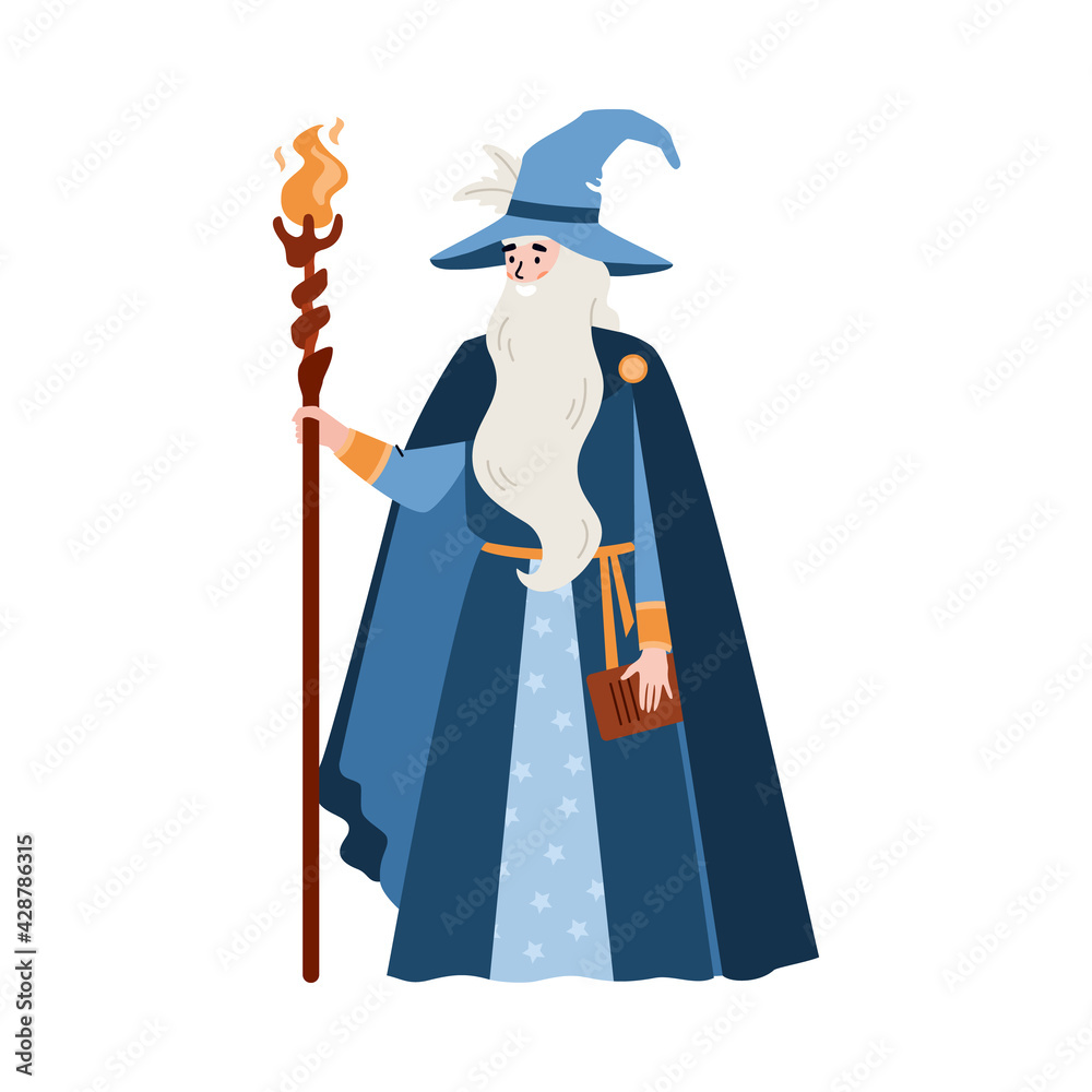 Wizard or sorcerer with magic staff or wand flat vector illustration isolated.