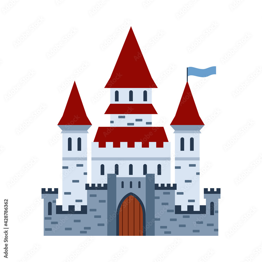 Fantasy medieval brick stone castle flat cartoon vector illustration isolated.