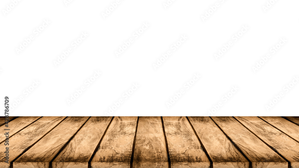 Brown wooden floor perspective angle with a blank white background.