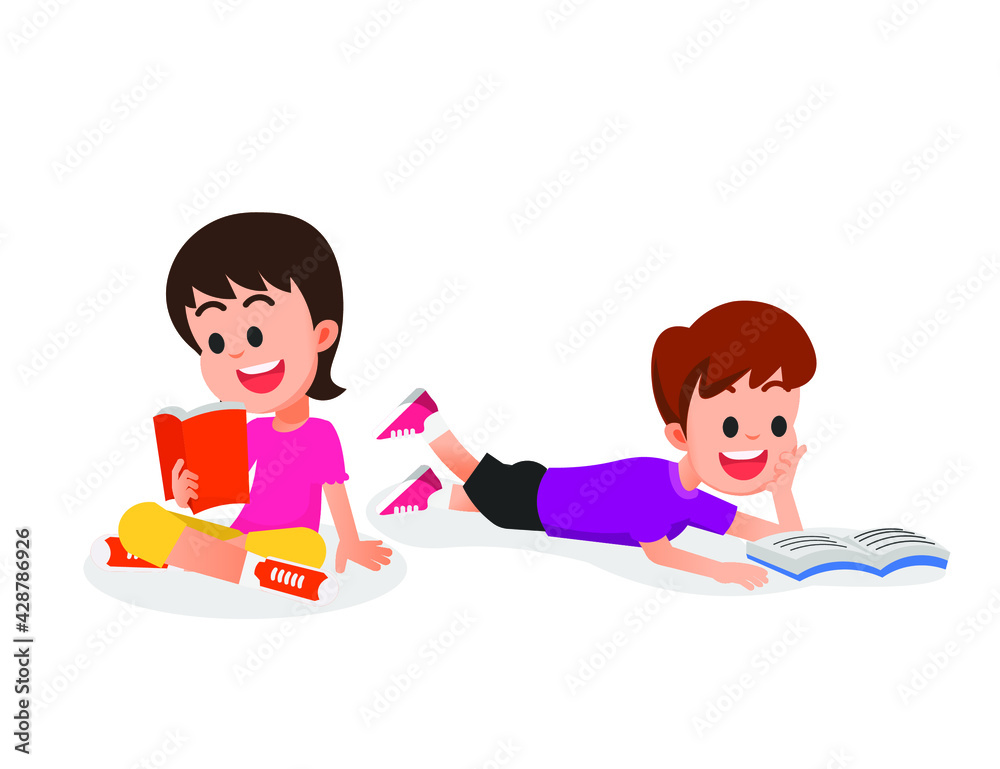 illustration of two children enjoying reading a book illustration of two children enjoying reading a book