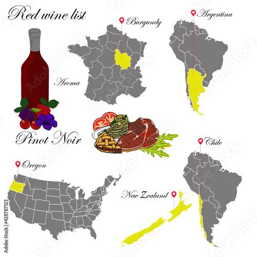 Pinot noir. The wine list. An illustration of a red wine with an example of aromas, a vineyard map and food that matches the wine. Background for menu and wine tasting.