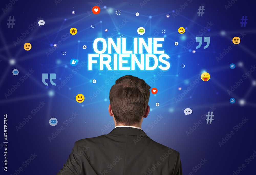 Rear view of a businessman, social media concept Rear view of a businessman, social media concept