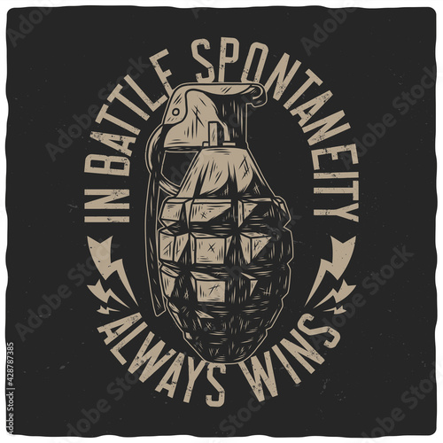 T-shirt or poster design with illustration of grenade