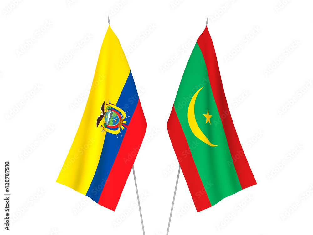 National fabric flags of Ecuador and Islamic Republic of Mauritania isolated on white background. 3d rendering illustration.