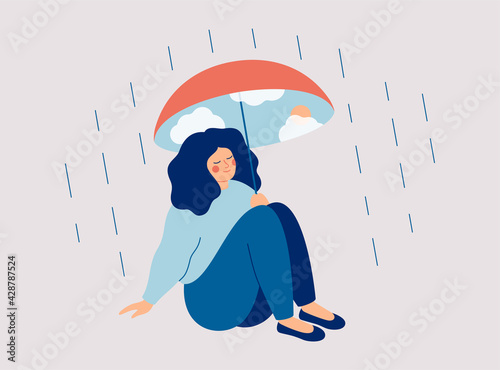 Inner world Concept.  Happy woman protects herself from the rain with an umbrella with a blue sky and sun. Mental health vector illustration