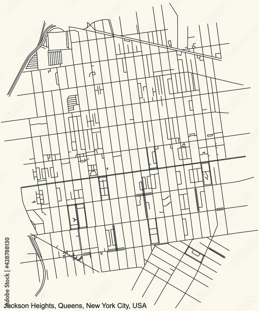 Black simple detailed street roads map on vintage beige background of the quarter Jackson Heights neighborhood of the Queens borough of New York City, USA