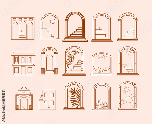 Collection of Summer Boho linear symbols, icons design. Arch, column, stairs, with landscape. Editable Vector Illustration.