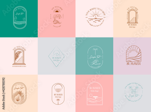 Collection of Summer Boho linear logos, symbols, icons design template. Editable vector logotype.