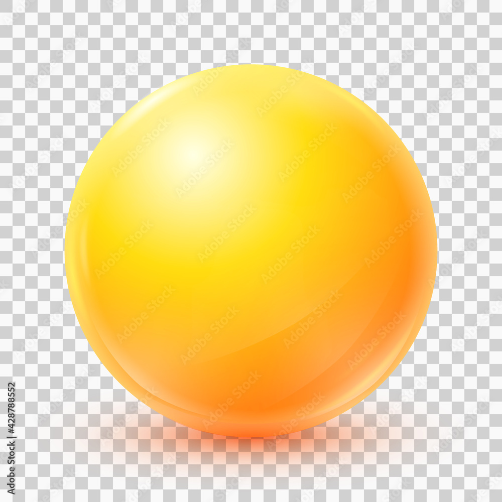 One big beautiful yellow ball isolated on white background. Realistic 3d yellow sphere. Glass glossy vector ball with shadow. Abstract crystal magic sphere. Vector illustration eps10