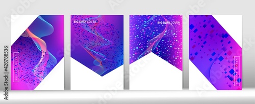 Minimal Covers Set. Blue Purple Pink Cyber Vector Cover Design. Abstract Computing Music