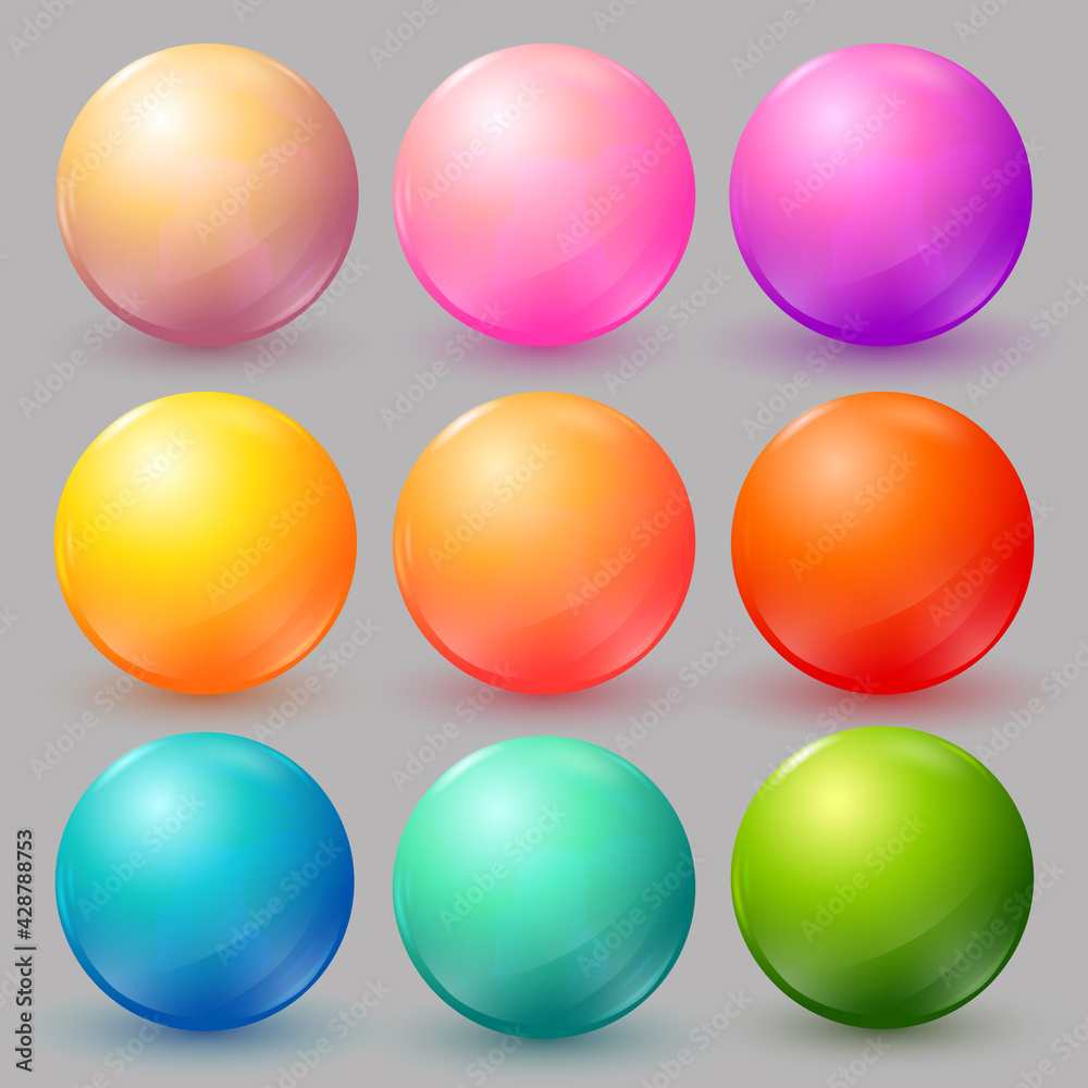 Vector balls set. Collection of colorful balls with shadow. Glossy spheres set isolated on grey background. Badge collection,  game icons. Vector illustration for your design EPS10