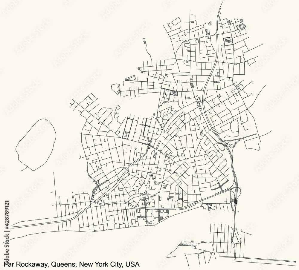 Black simple detailed street roads map on vintage beige background of the quarter Far Rockaway neighborhood of the Queens borough of New York City, USA