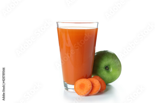 Glass of juice and ingredients isolated on white background