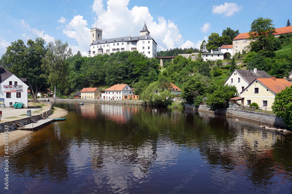 rozmberk castle at the Vltava river in Southern Bohemia, Czech Republik
