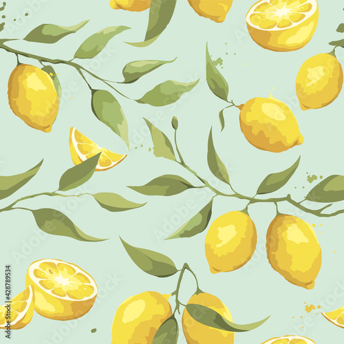 Summer pattern with lemon branch. Background with citrus fruits, vector illustration, print.	