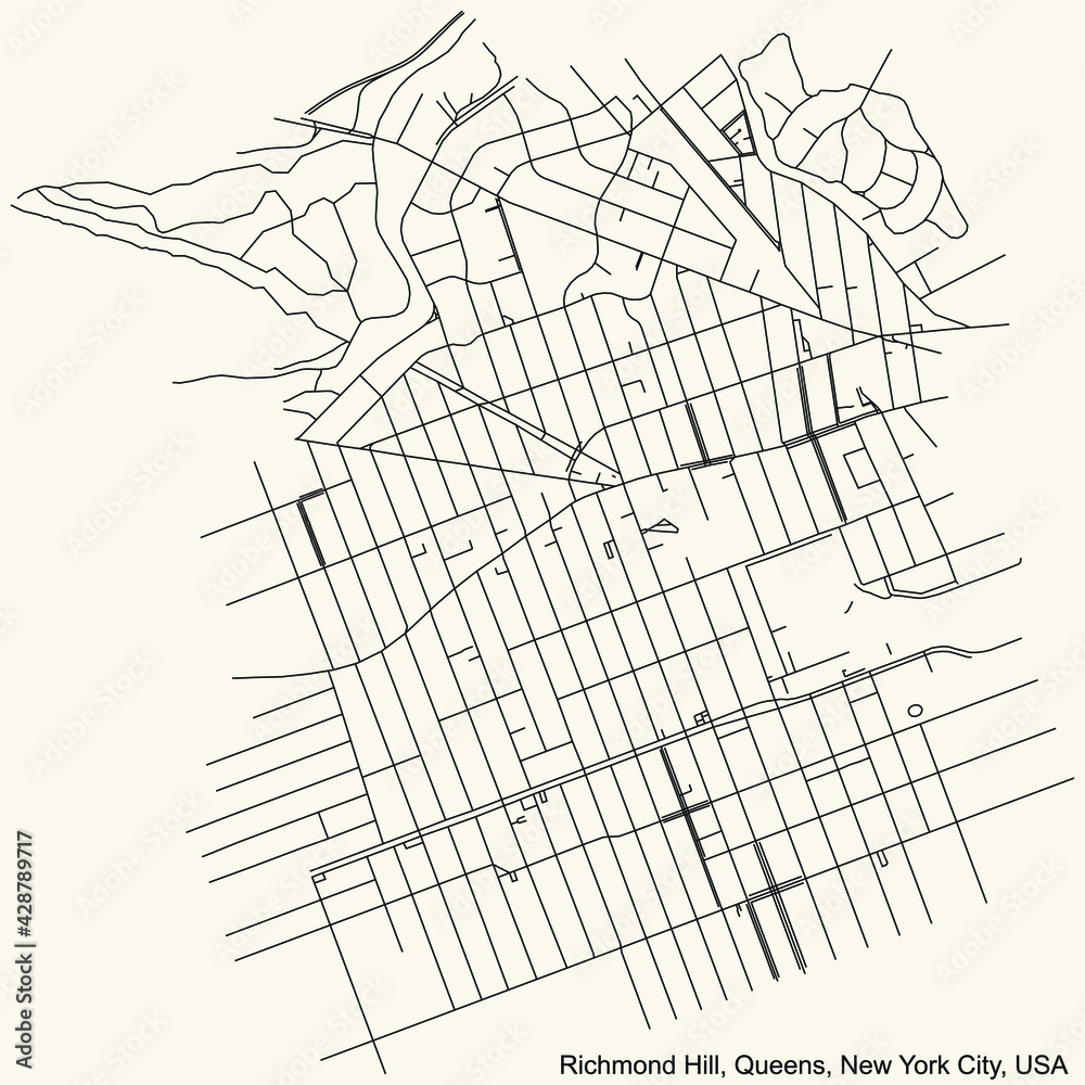 Black simple detailed street roads map on vintage beige background of the quarter Richmond Hill neighborhood of the Queens borough of New York City, USA