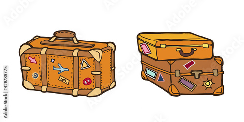 retro hand luggage for travel drawn in cartoon style. Vector clip art
