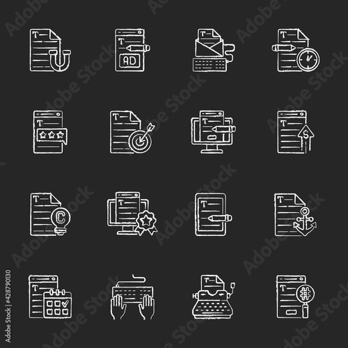 Copywriting chalk white icons set on black background. Aiming at target audience. Freelance business. Writing commercial text. Website engaging content. Isolated vector chalkboard illustrations