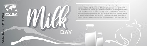 VECTOR ILLUSTRATION FOR WORLD MILK DAY, FRESH MILK BOTTLES, WORLD MAP, WORLD DAY MILK LETTERING , DESIGNER CALLIGRAPHY TEXT WITH COW