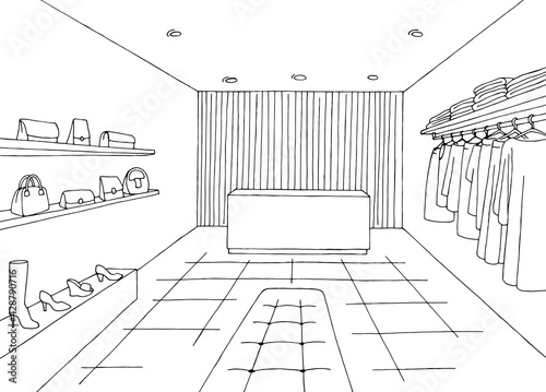 Shop interior store graphic black white sketch illustration vector 