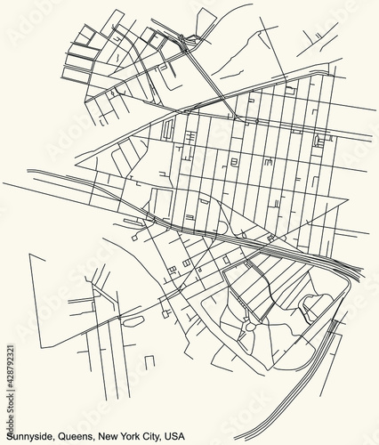 Black simple detailed street roads map on vintage beige background of the quarter Sunnyside neighborhood of the Queens borough of New York City, USA